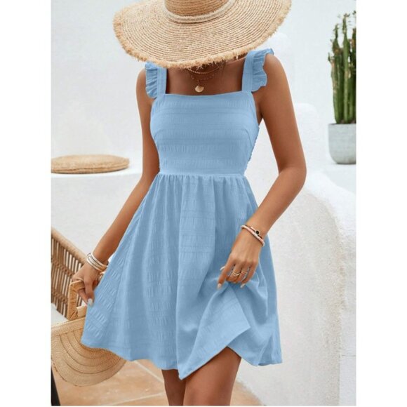 🩵 shirred bust square neckline ruffle tank straps boho mini dress black - Picture 2 of 3